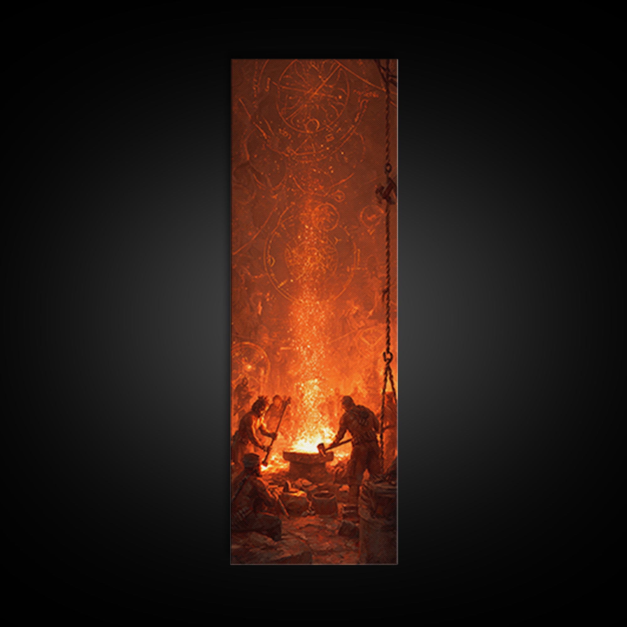 Ancient Forge Ritual With Glowing Sigils Framed Canvas Print, Spiritual Wall Art, Mystical Orange Home Decor Gift For Living Room Decor