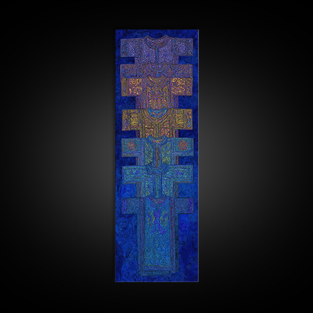 Blue Purple Tribal Cross Totem Wall Art, African Mask Inspired Canvas Print, Afrocentric Geometric Decor, Bold Home Gift
