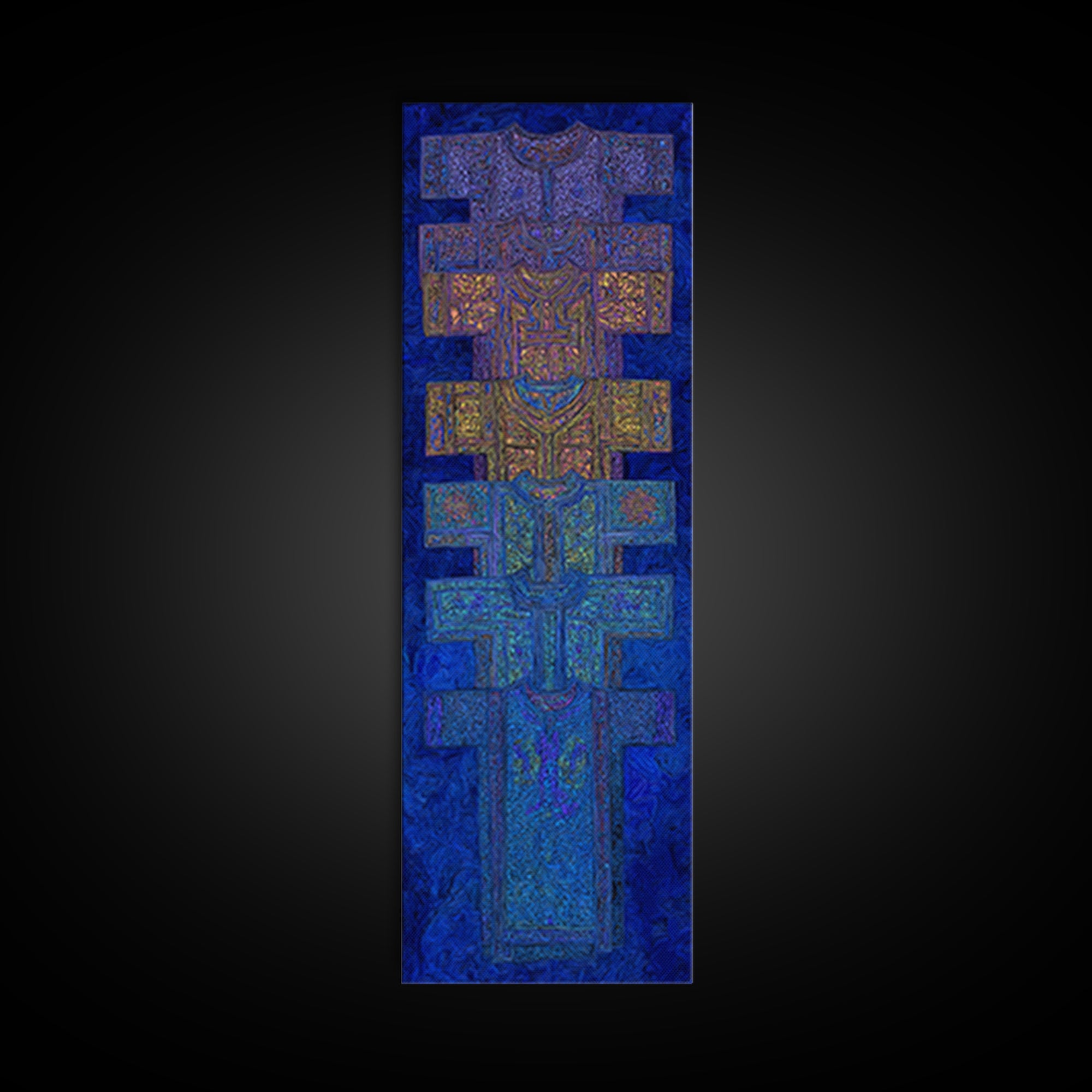 Blue Purple Tribal Cross Totem Wall Art, African Mask Inspired Canvas Print, Afrocentric Geometric Decor, Bold Home Gift