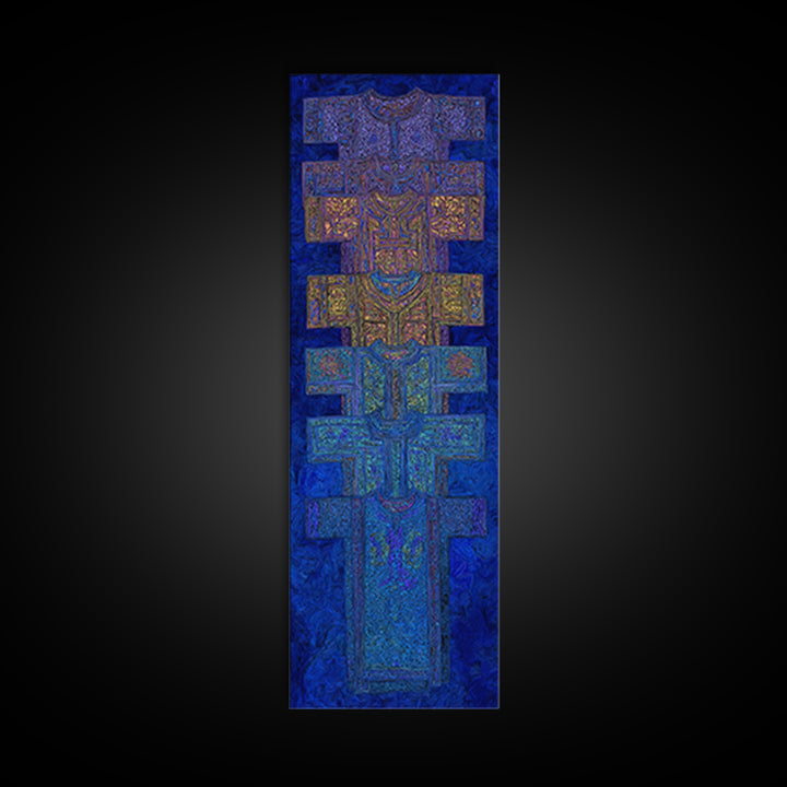 Blue Purple Tribal Cross Totem Wall Art, African Mask Inspired Canvas Print, Afrocentric Geometric Decor, Bold Home Gift
