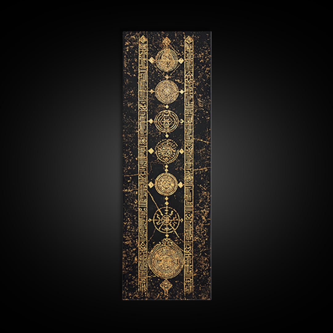 Gold Celestial Circles And Glyphs Wall Art, African Abstract Canvas Print, Black Gold Geometric Decor, Spiritual Home Gift