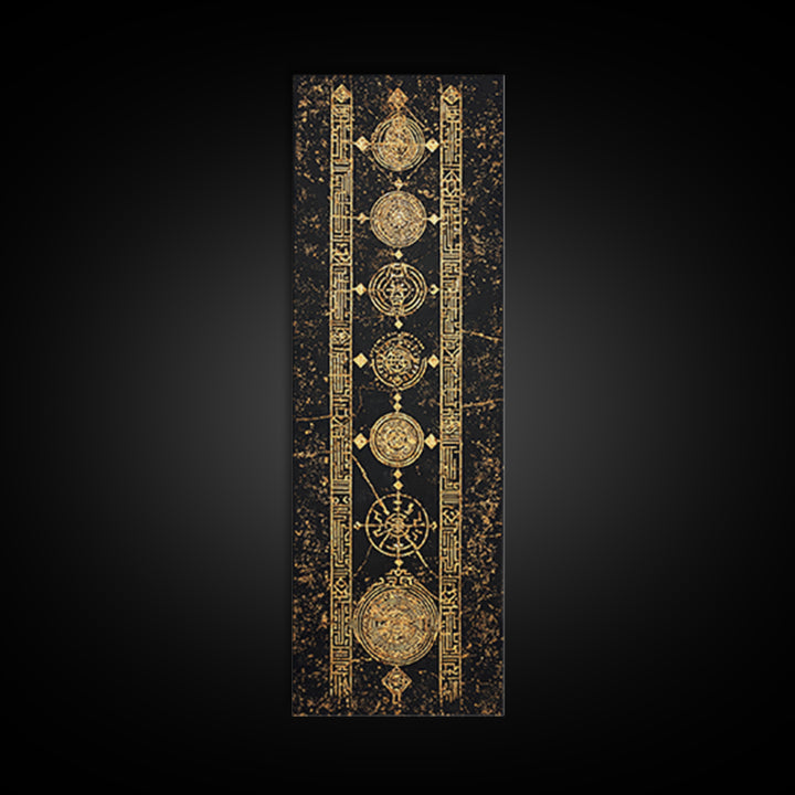 Gold Celestial Circles And Glyphs Wall Art, African Abstract Canvas Print, Black Gold Geometric Decor, Spiritual Home Gift