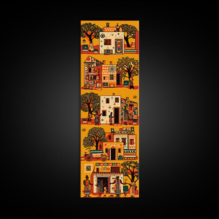 Orange African Village Houses And Trees Wall Art, African Folk Canvas Print, Cultural Home Decor, Afrocentric Travel Gift