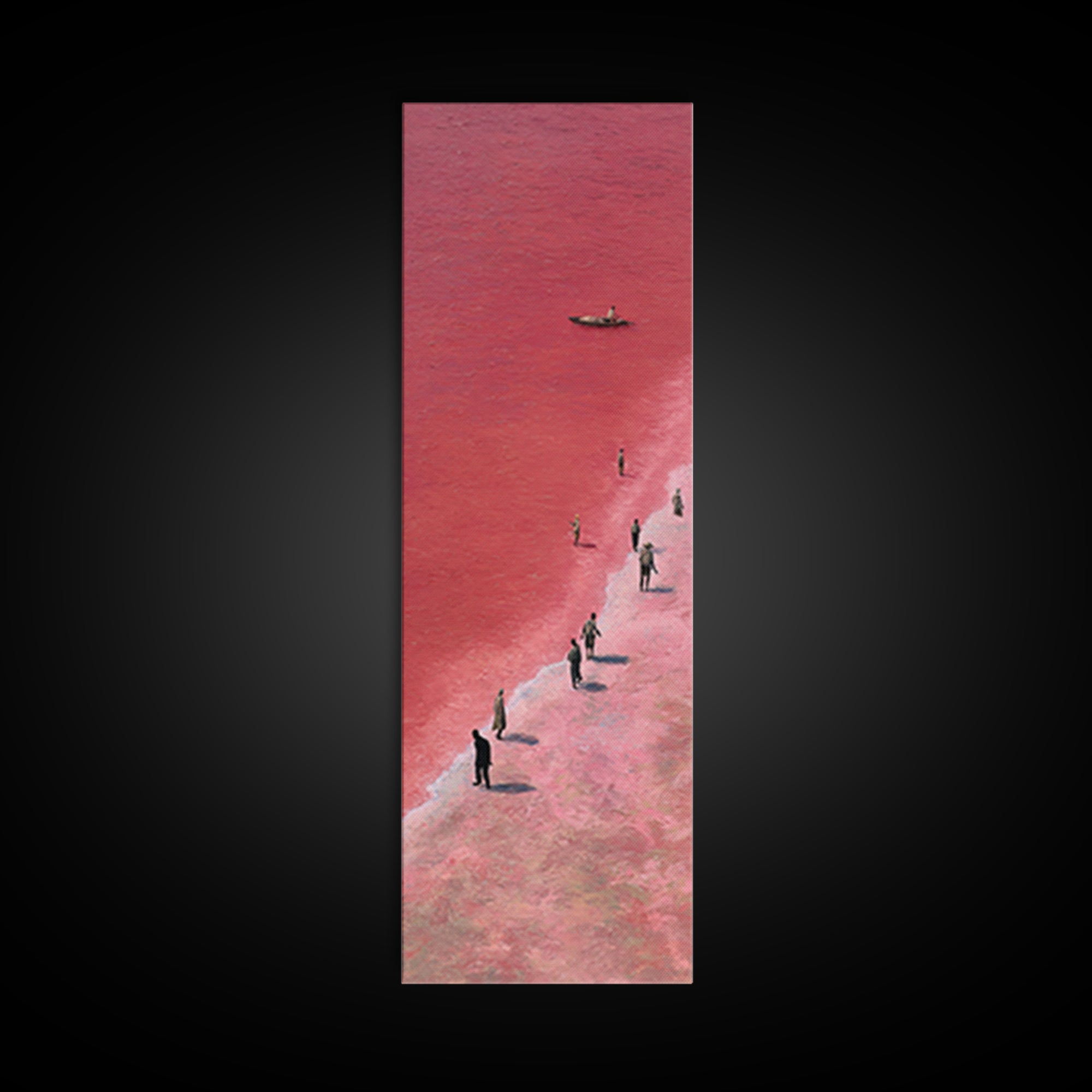 Pink African Salt Lake Shore With Fishermen Wall Art, Lake Retba Landscape, Coastal Boat Print, Serene Travel Home Decor Gift