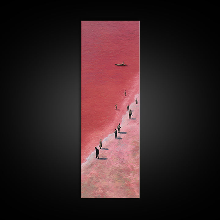 Pink African Salt Lake Shore With Fishermen Wall Art, Lake Retba Landscape, Coastal Boat Print, Serene Travel Home Decor Gift
