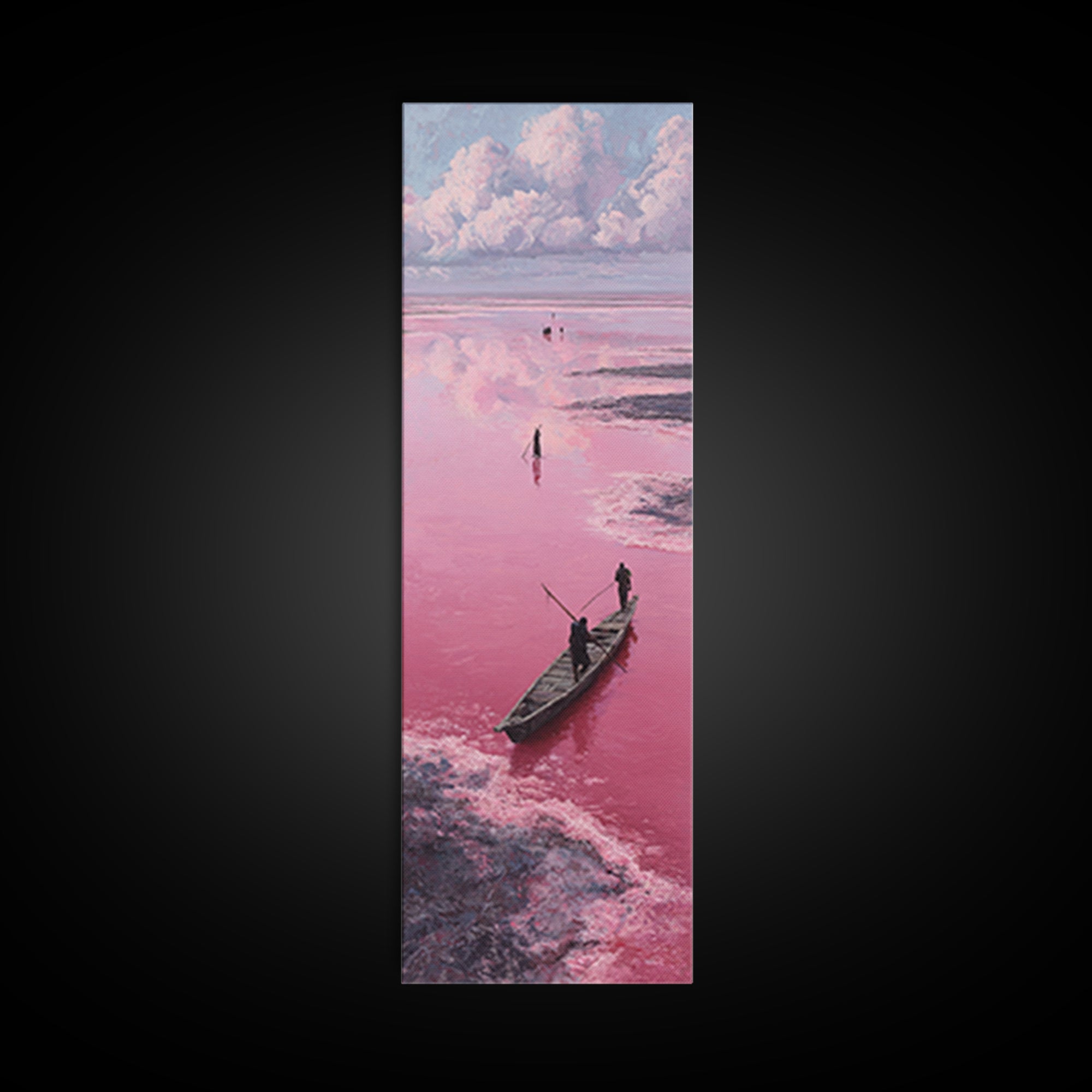 Dreamy Pink African Lagoon With Wooden Boat Canvas Print, Lake Retba Fisherman Scene, Coastal Landscape Wall Decor Gift Art