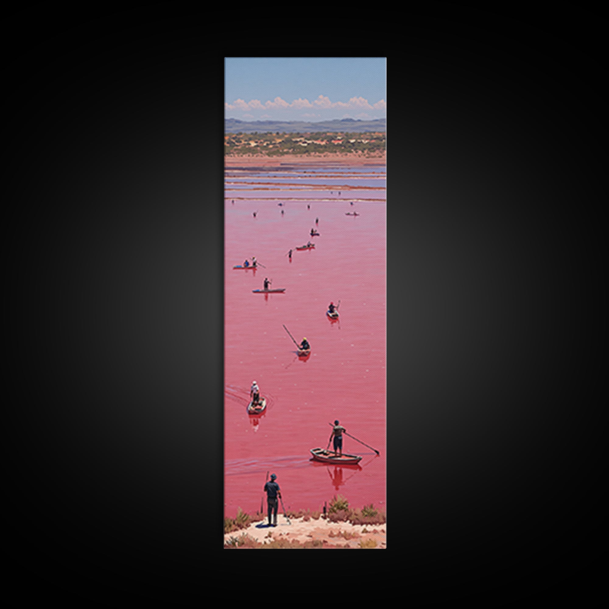 Pink African Lake With Boats And Salt Workers Framed Canvas Print, Lake Retba Landscape, Vibrant Travel Wall Decor Gift Art