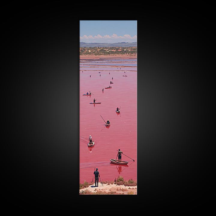 Pink African Lake With Boats And Salt Workers Framed Canvas Print, Lake Retba Landscape, Vibrant Travel Wall Decor Gift Art