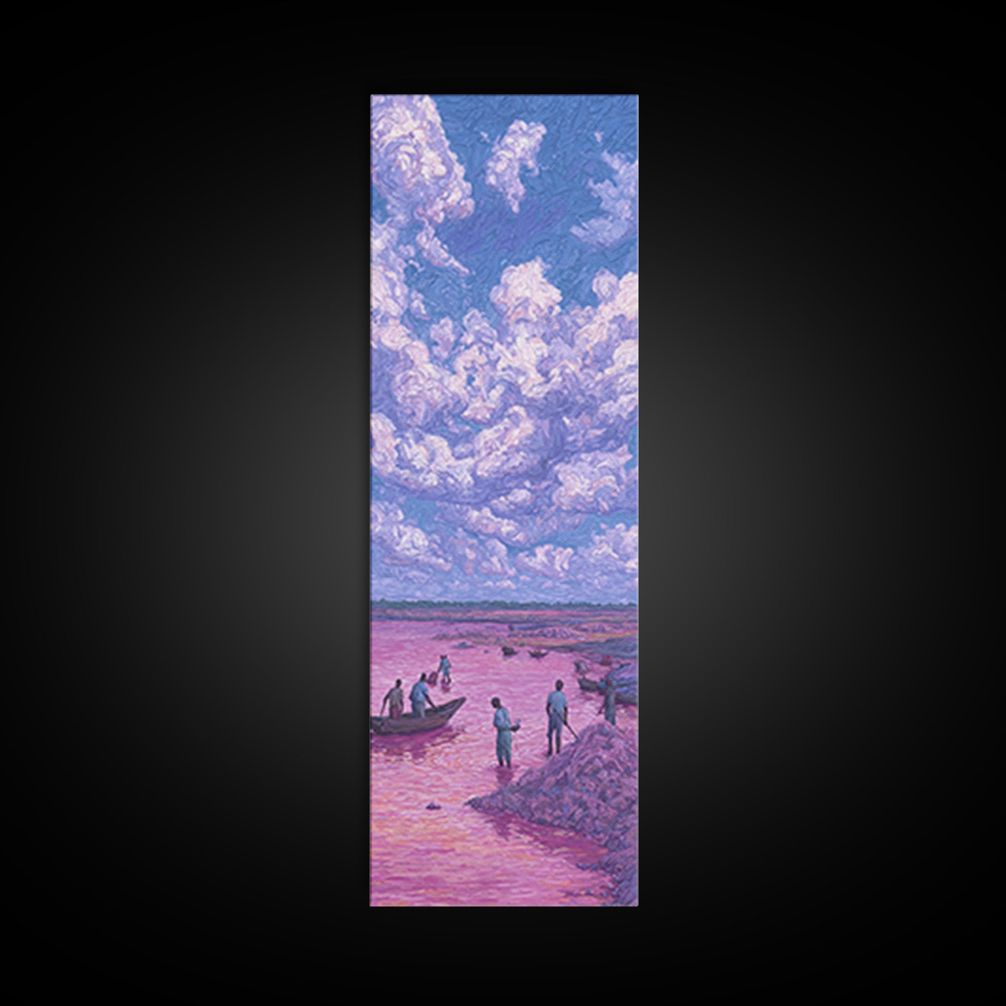 Purple Storm Clouds Over Pink African Lake Canvas Print, Fishermen Boat Landscape, Dreamy Nature Scene Art For Home Decor