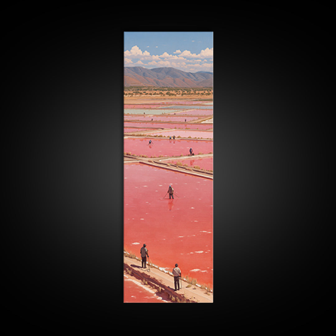 African Pink Salt Ponds With Mountains Wall Art, Lake Retba Workers Landscape Print, Vibrant Travel Decor For Living Room