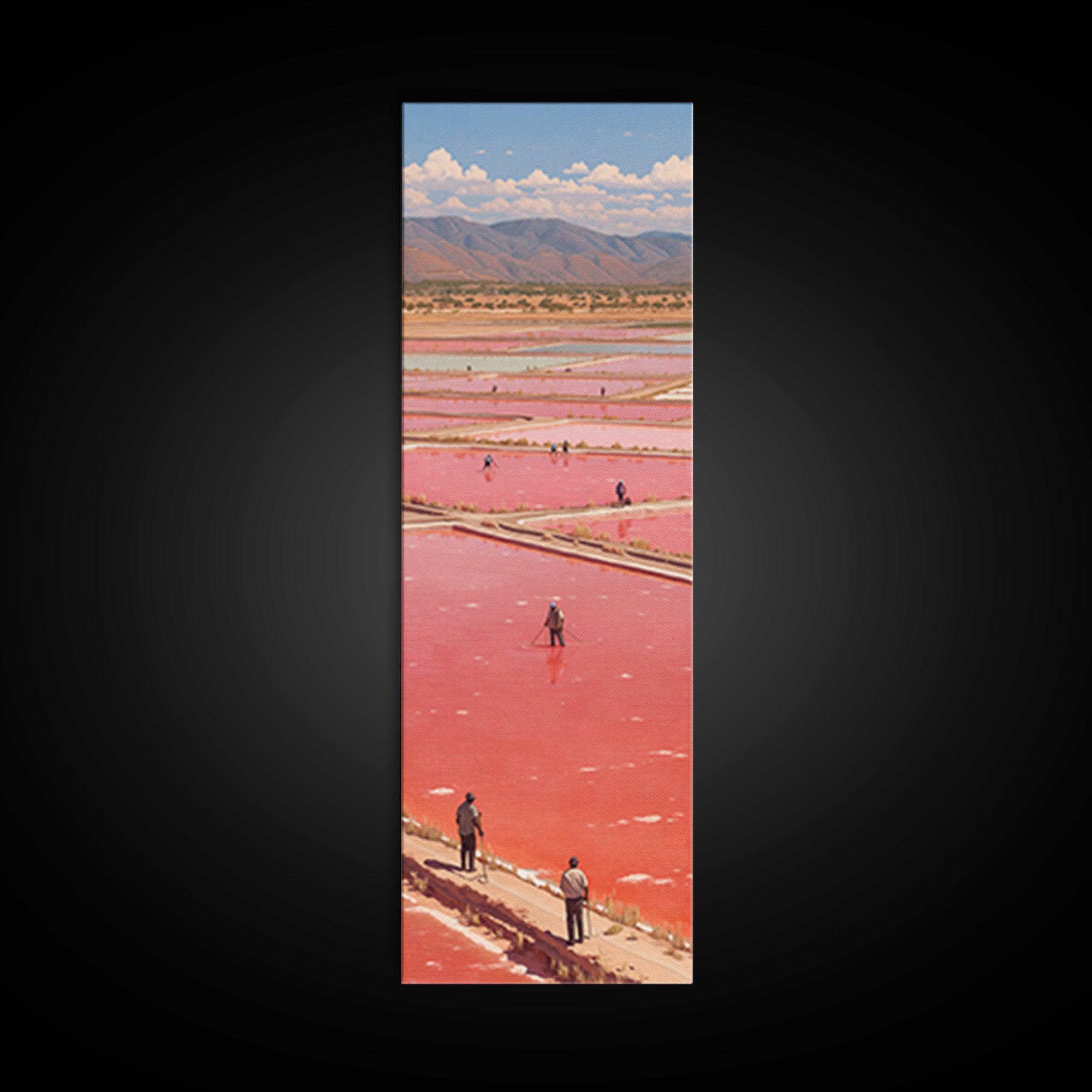 African Pink Salt Ponds With Mountains Wall Art, Lake Retba Workers Landscape Print, Vibrant Travel Decor For Living Room