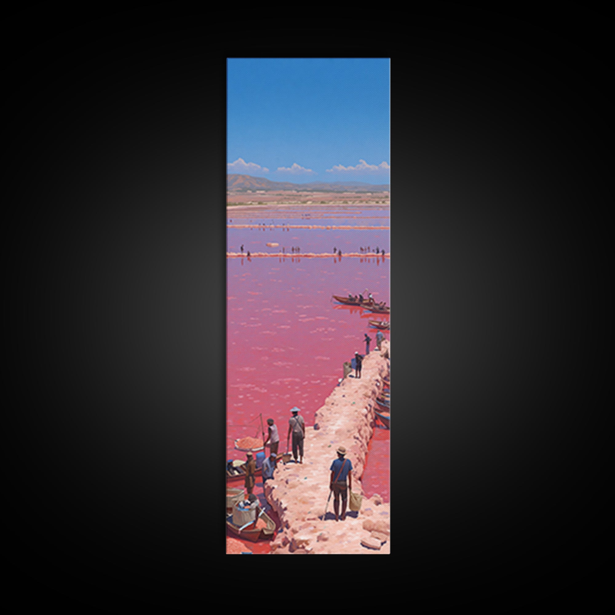 Panoramic Pink African Lake Harbor With Boats Canvas Print, Salt Flat Landscape, Travel Wall Decor Gift For Living Room Art
