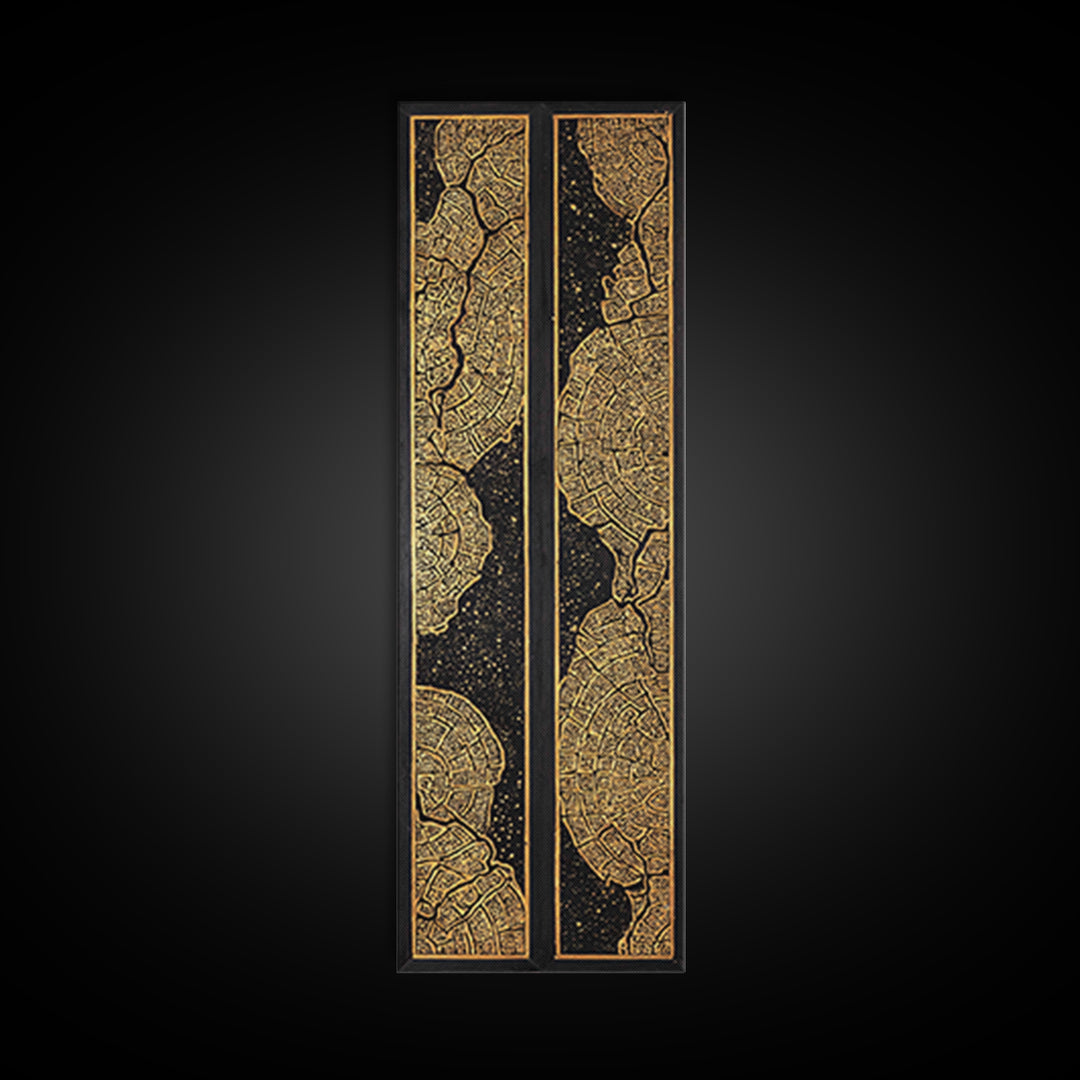 Gold Black African City Map Canvas Print, Diptych Style Tribal Pattern Wall Art, Geometric Luxury Home Decor Statement Piece