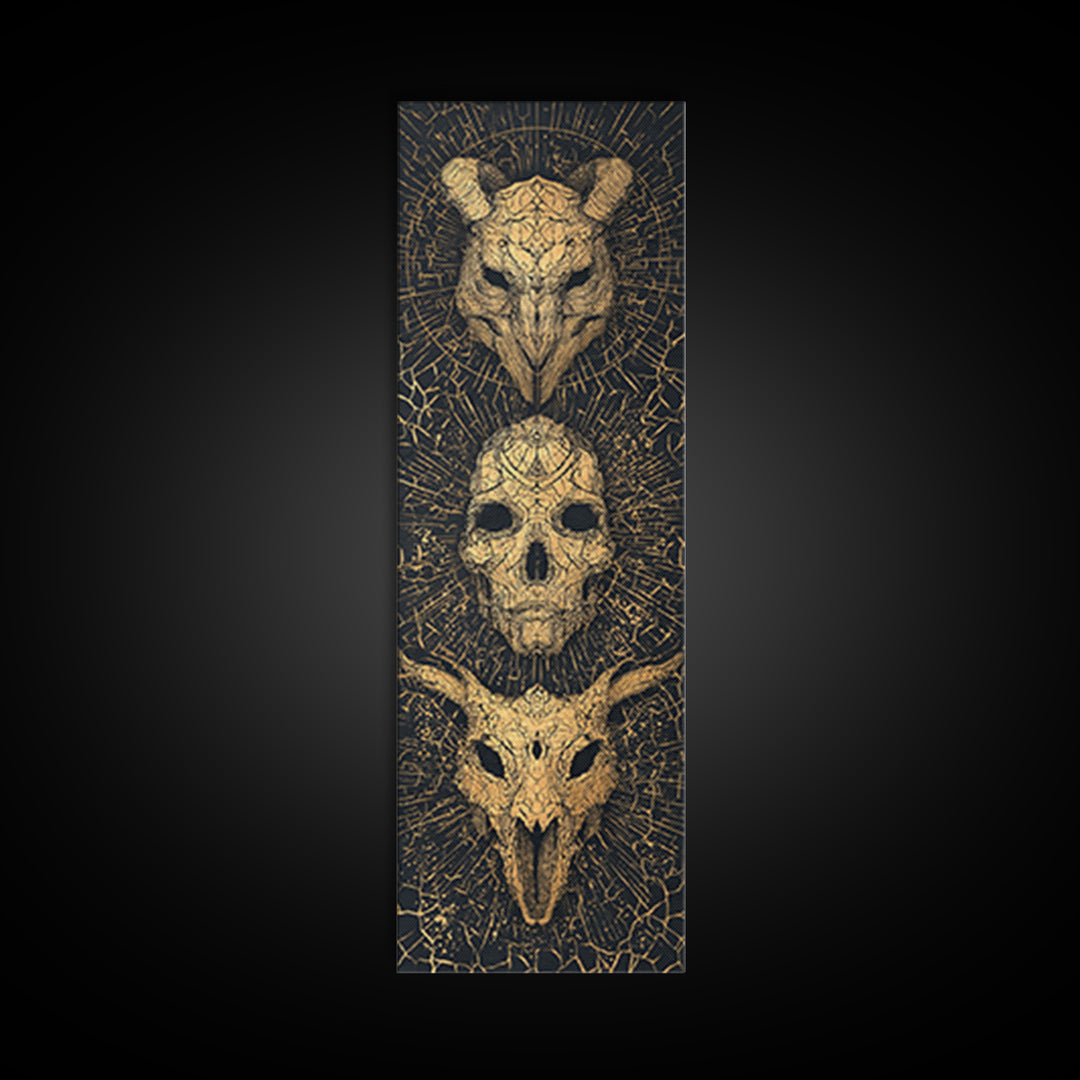 Golden Animal Skull Totem Wall Art, Dark Gothic Canvas Print, Tribal Mystical Home Decor, Unique Occult Statement Poster Gift