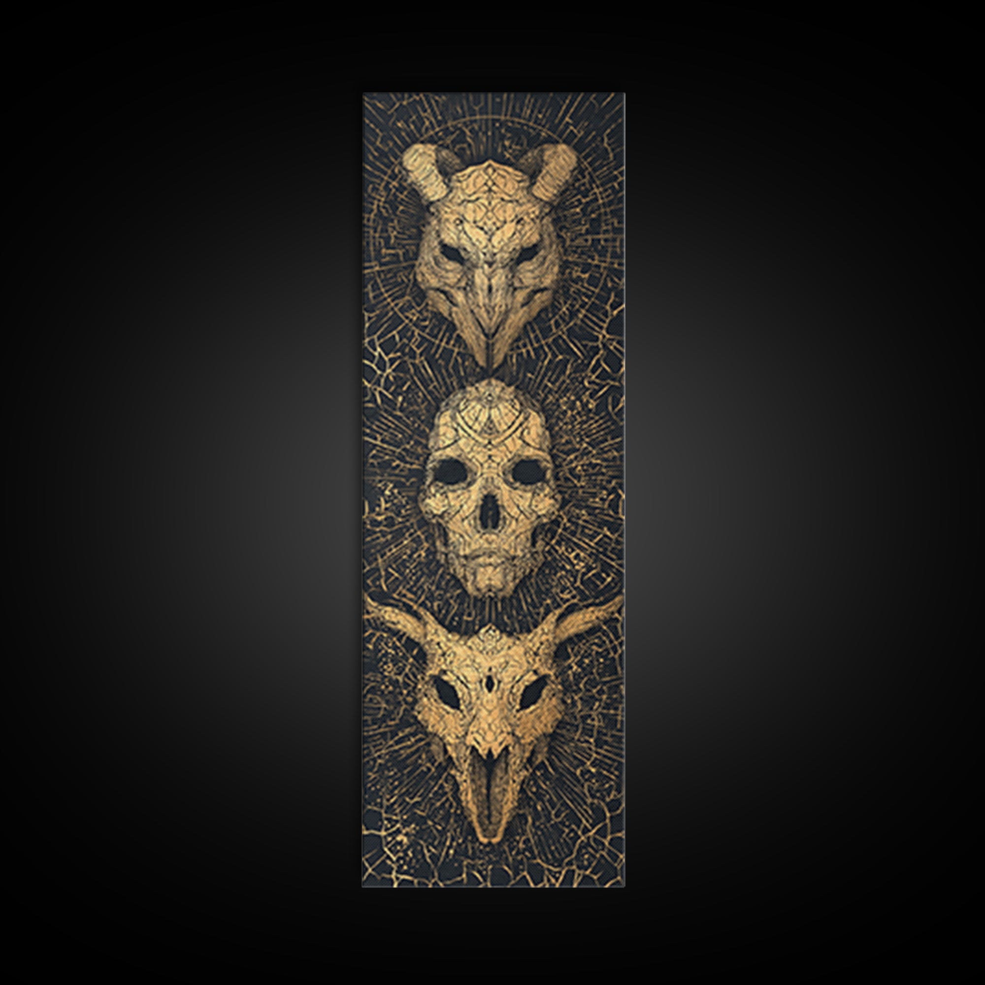 Golden Animal Skull Totem Wall Art, Dark Gothic Canvas Print, Tribal Mystical Home Decor, Unique Occult Statement Poster Gift