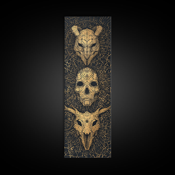Golden Animal Skull Totem Wall Art, Dark Gothic Canvas Print, Tribal Mystical Home Decor, Unique Occult Statement Poster Gift