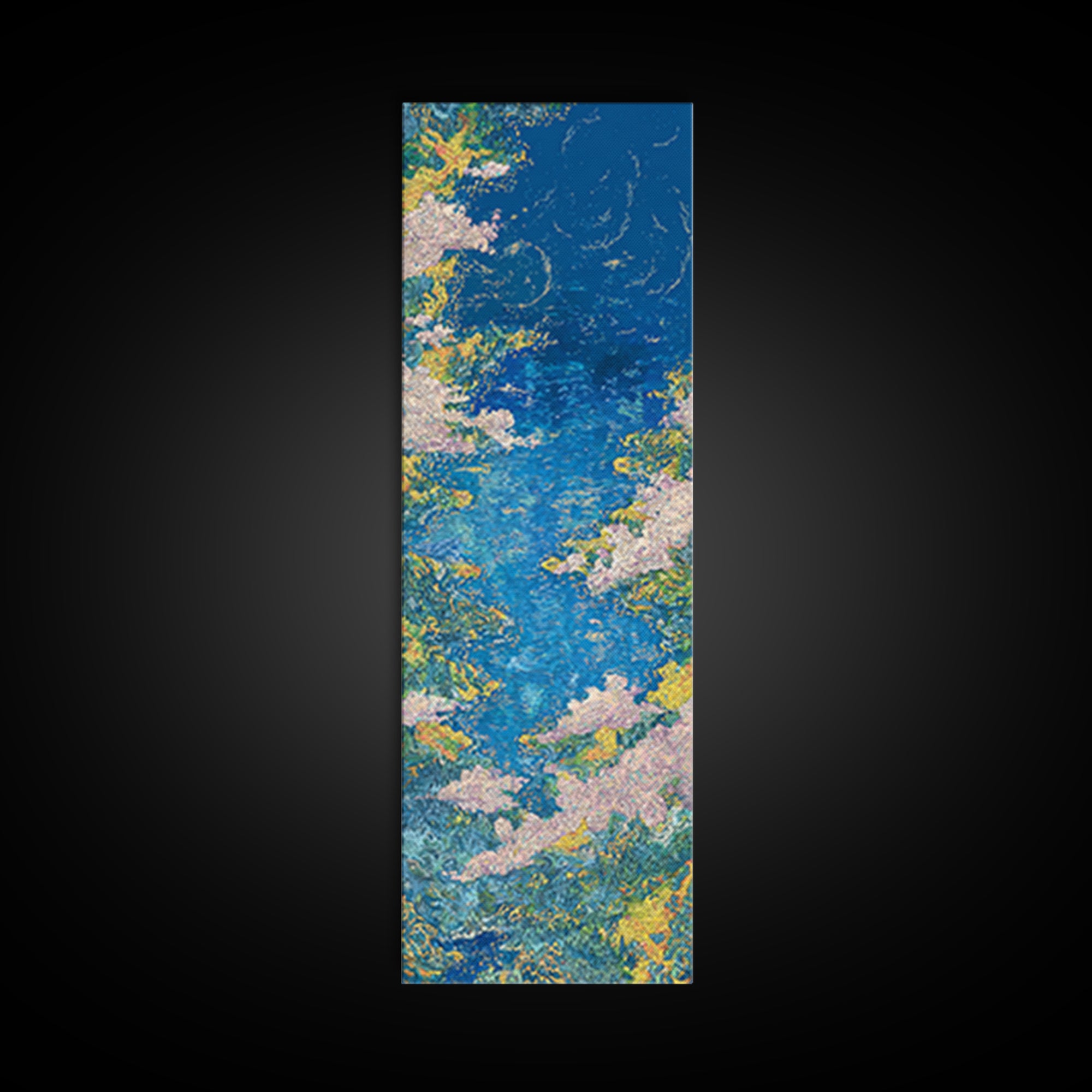 Blue Floral River Landscape Wall Art, Impressionist Garden Water Canvas Print, Nature Scene Art For Serene Home Decor Gift