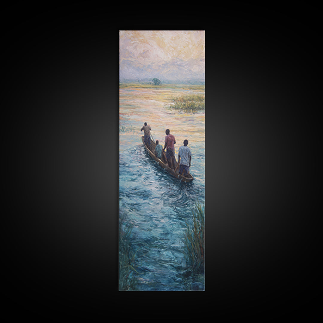 African Canoe River Landscape Wall Art, Fishermen On Water Canvas Print, Serene Safari Cultural Home Decor Gift For Him
