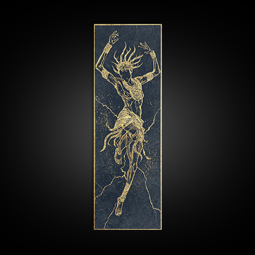 Golden Spirit Dancer Framed Canvas Print, Abstract African Woman Art, Mystical Black And Gold Tribal Wall Decor For Bedroom
