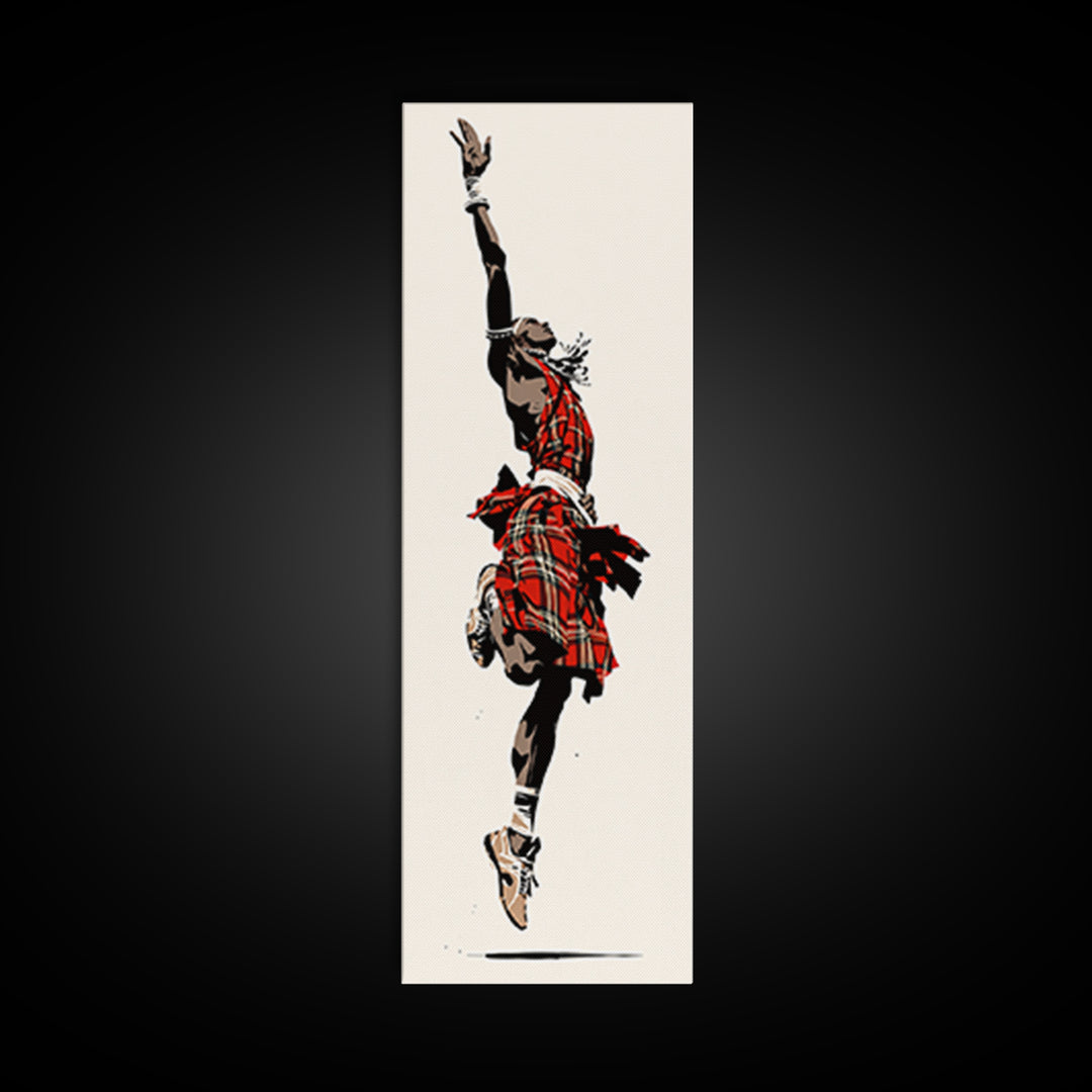 Leaping Maasai Warrior Canvas Print, African Tribal Dance Wall Art, Red Fabric Culture Decor For Bold Modern Living Room Decor