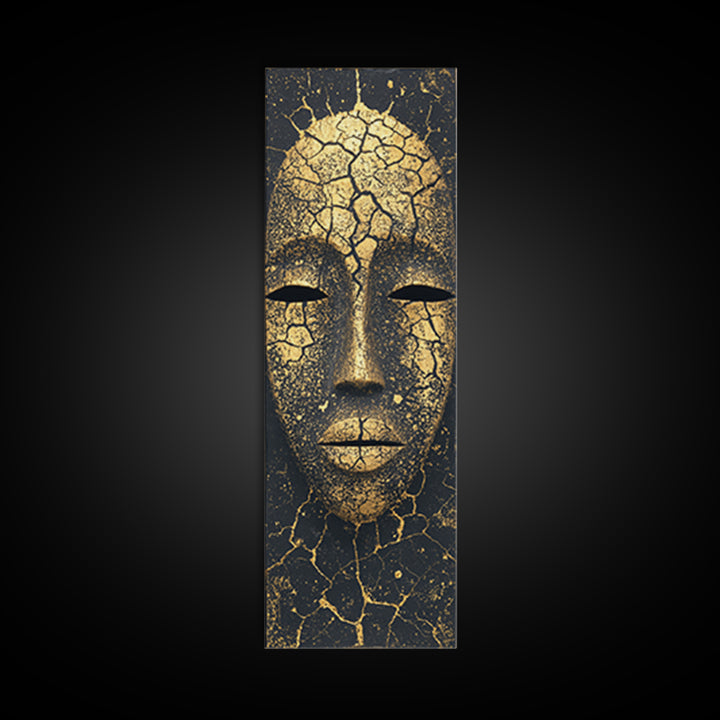 Cracked Gold African Mask Wall Art, Abstract African Portrait Canvas Print, Black And Gold Tribal Decor For Modern Home Gift