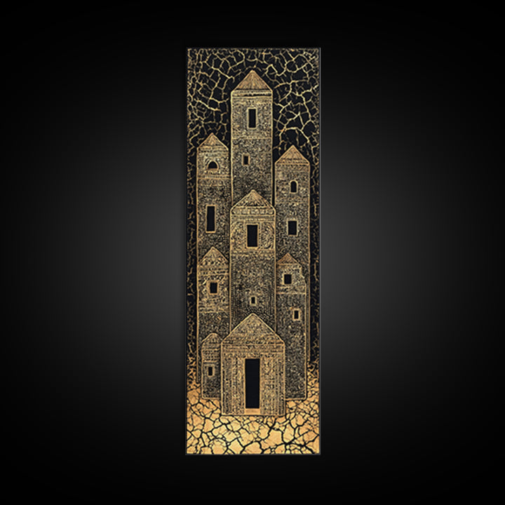 Gold Tribal Desert Towers Wall Art, Black African Architecture Canvas Print, Ancient Village Pattern Home Decor Gift For Him