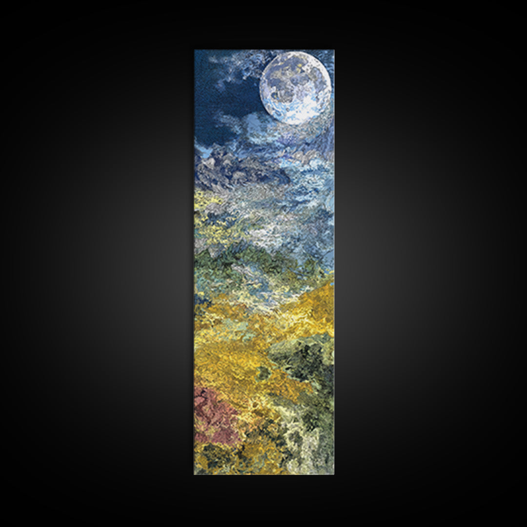 Textured Full Moon Over Blue Gold Hills Wall Art, Dreamy Nature Scene Art, Large Decor Art, Living Room Decor, Unique Canvas Print