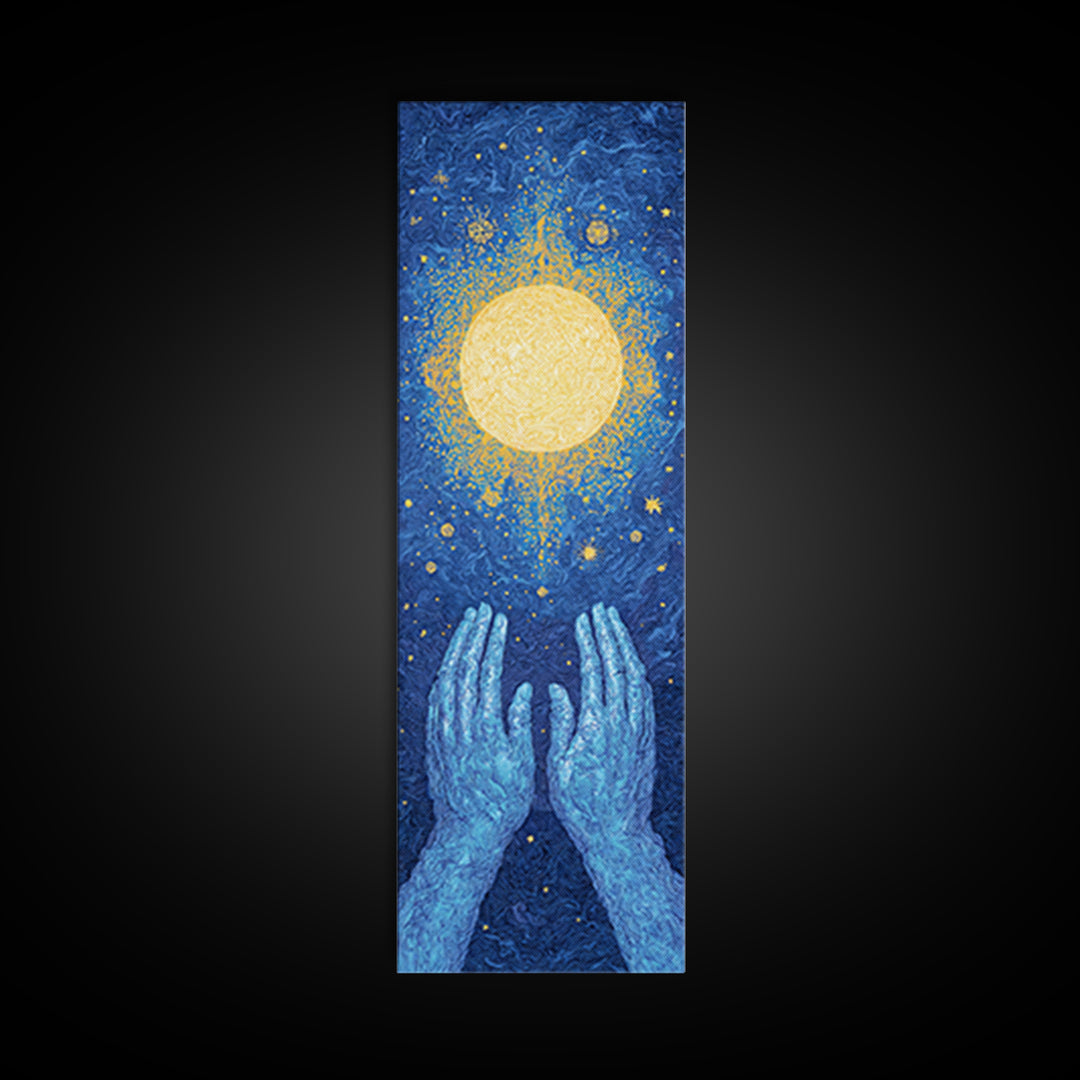 Glowing Celestial Sun Between Blue Hands Wall Art, Spiritual Wall Art, Mystical Wall Art, Starry Blue Home Decor Gift Idea