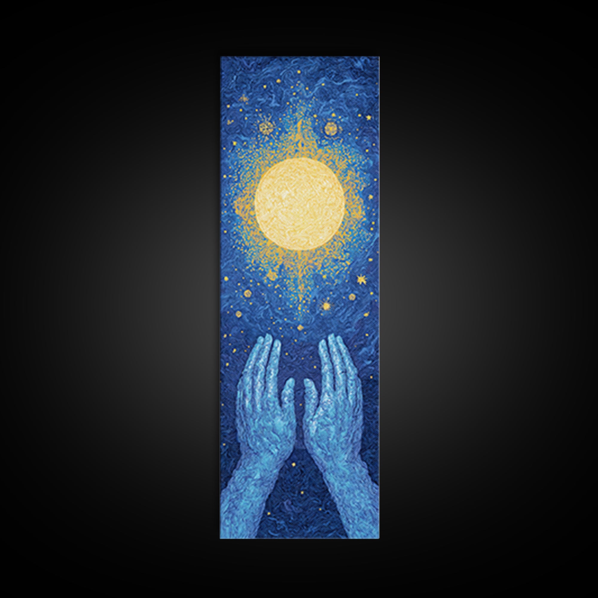 Glowing Celestial Sun Between Blue Hands Wall Art, Spiritual Wall Art, Mystical Wall Art, Starry Blue Home Decor Gift Idea