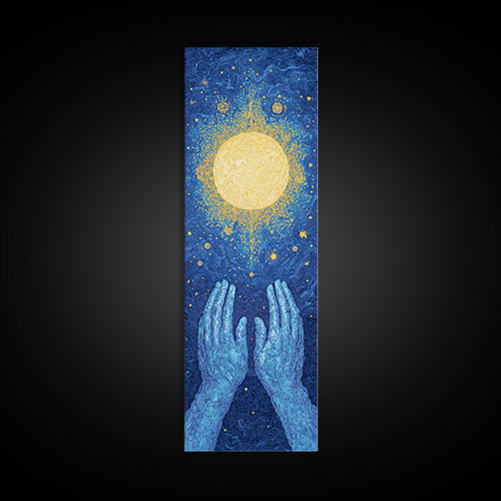 Glowing Celestial Sun Between Blue Hands Wall Art, Spiritual Wall Art, Mystical Wall Art, Starry Blue Home Decor Gift Idea