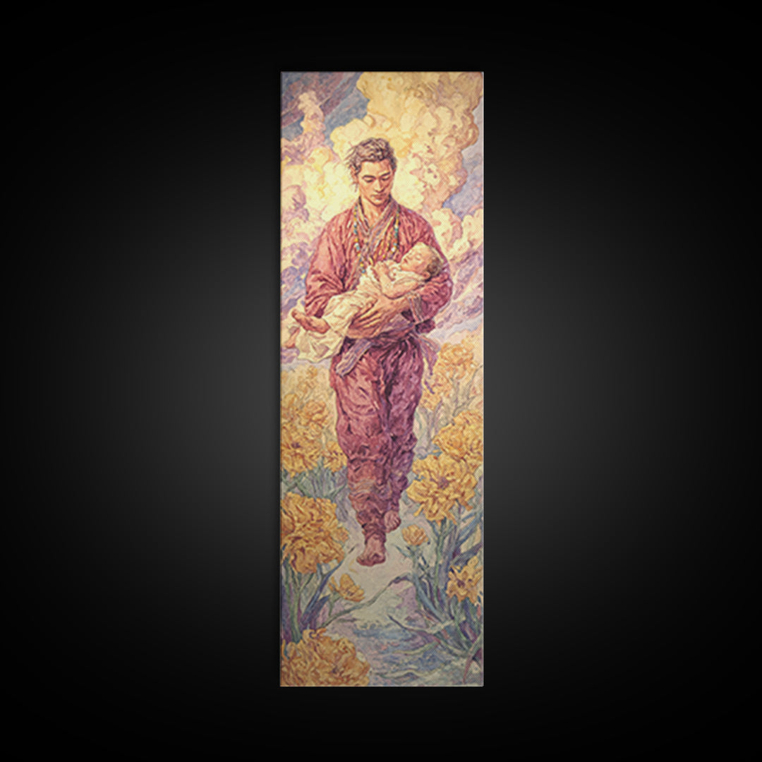 Gentle Shepherd Carrying Lamb Through Golden Flowers Framed Canvas Print, Spiritual Wall Art, Painting, Meaningful Gift For Home