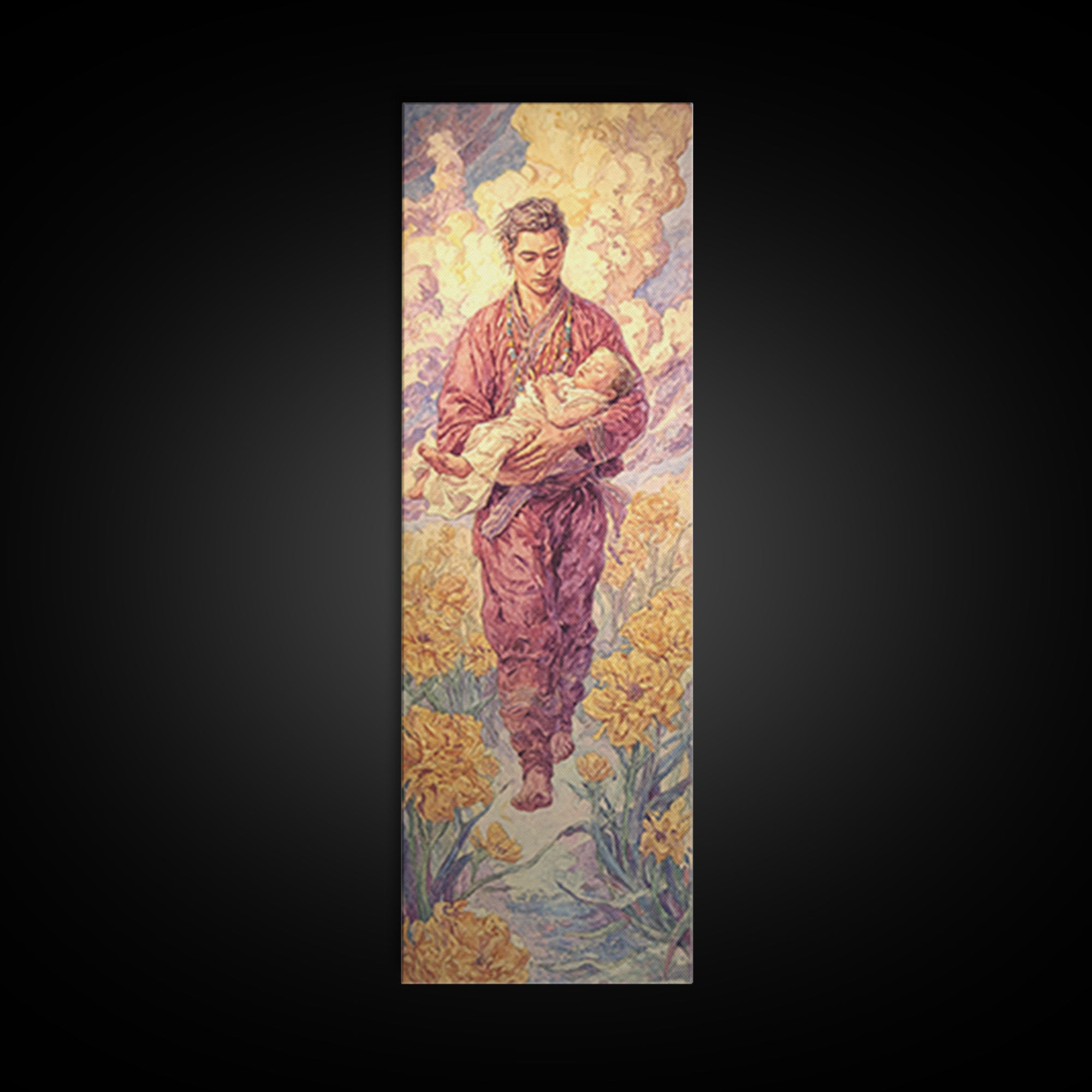 Gentle Shepherd Carrying Lamb Through Golden Flowers Framed Canvas Print, Spiritual Wall Art, Painting, Meaningful Gift For Home