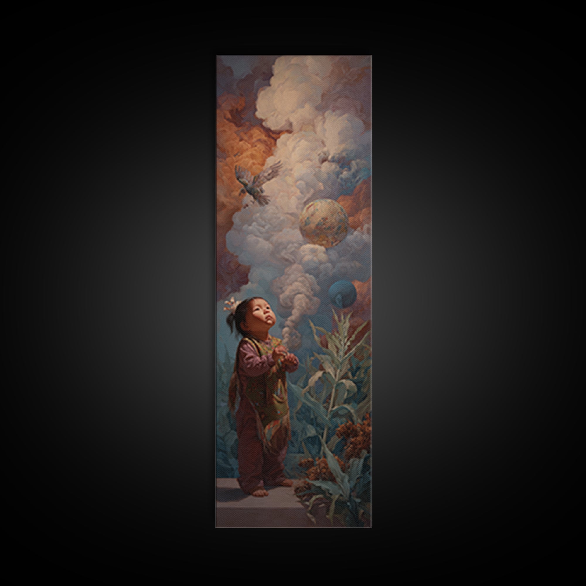 Wondering Child Beneath Cloud Birds And Planets Canvas Print, Dreamy Wall Art, Nature Scene Art, Unique Home Decor Gift Idea