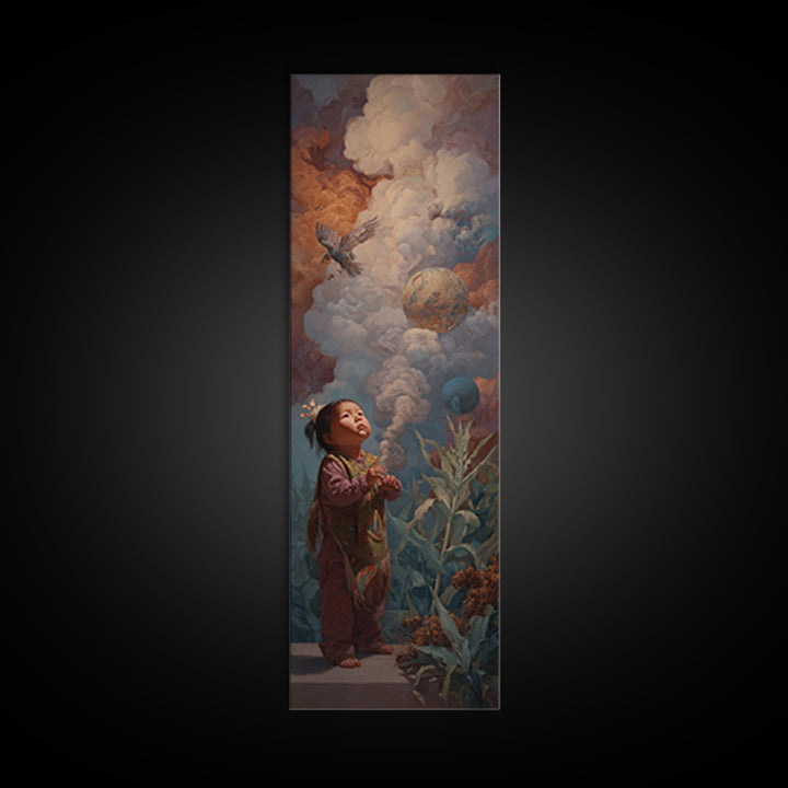 Wondering Child Beneath Cloud Birds And Planets Canvas Print, Dreamy Wall Art, Nature Scene Art, Unique Home Decor Gift Idea