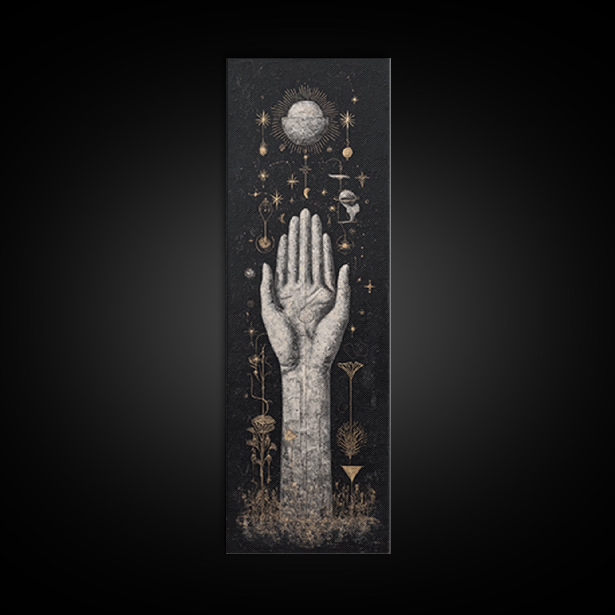 Mystical Palm Reaching Toward Moon And Stars Wall Art, Spiritual Wall Art, Black And Gold Art, Botanical Decor Gift For Her
