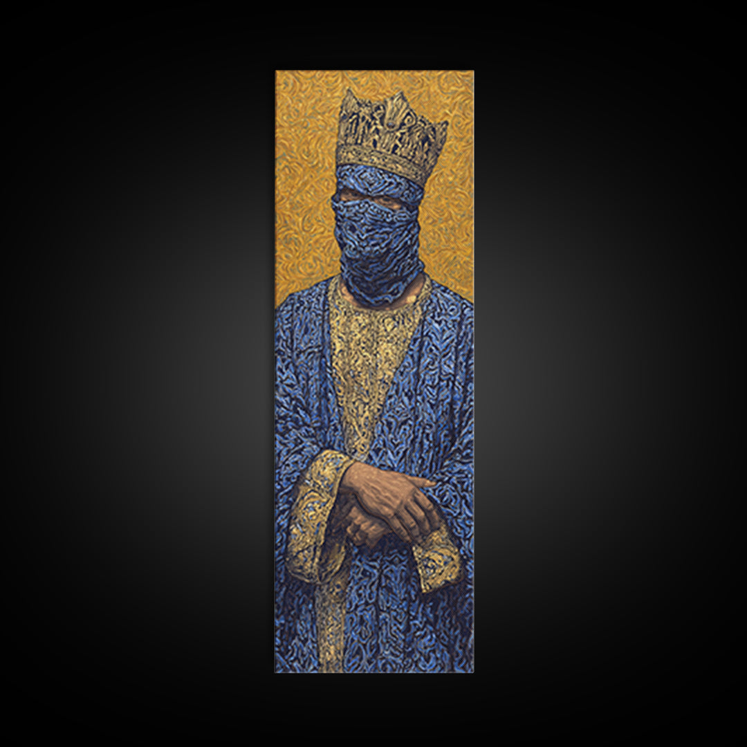 Masked African King In Blue And Gold Framed Canvas Print, Royal Portrait Wall Art, Luxury Afrocentric Cultural Home Decor