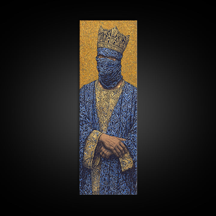 Masked African King In Blue And Gold Framed Canvas Print, Royal Portrait Wall Art, Luxury Afrocentric Cultural Home Decor