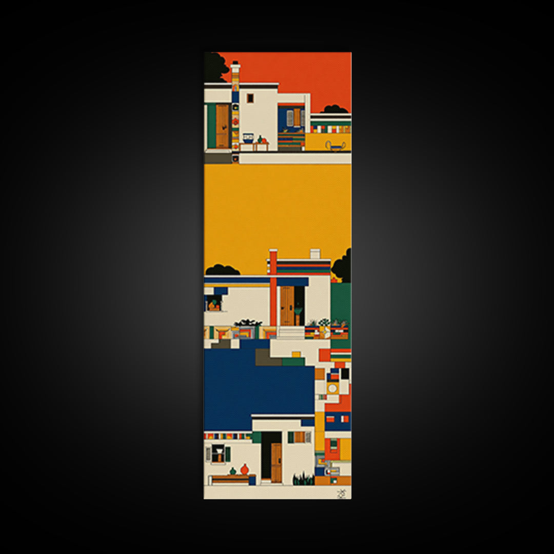 Colorful African Village Houses Wall Art, Geometric Architecture Canvas Print, Afrocentric Home Decor, Modern Tribal Poster