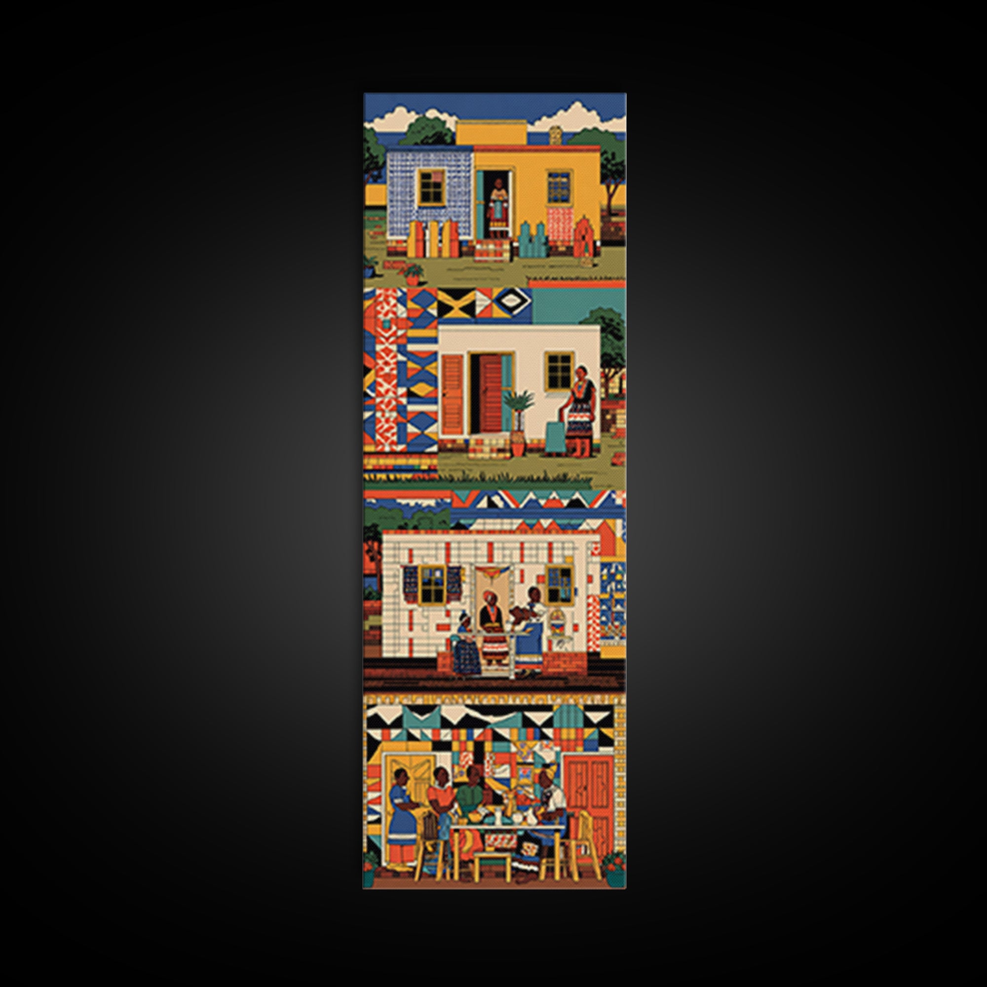 Vibrant African Village Homes Wall Art, Colorful Canvas Print, Folk Culture Poster, Patterned Houses And People Decor Gift