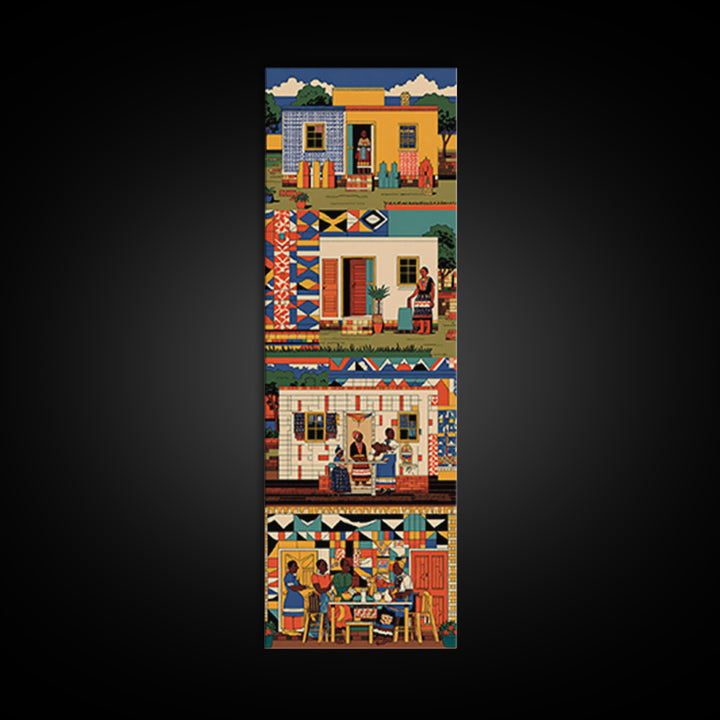 Vibrant African Village Homes Wall Art, Colorful Canvas Print, Folk Culture Poster, Patterned Houses And People Decor Gift