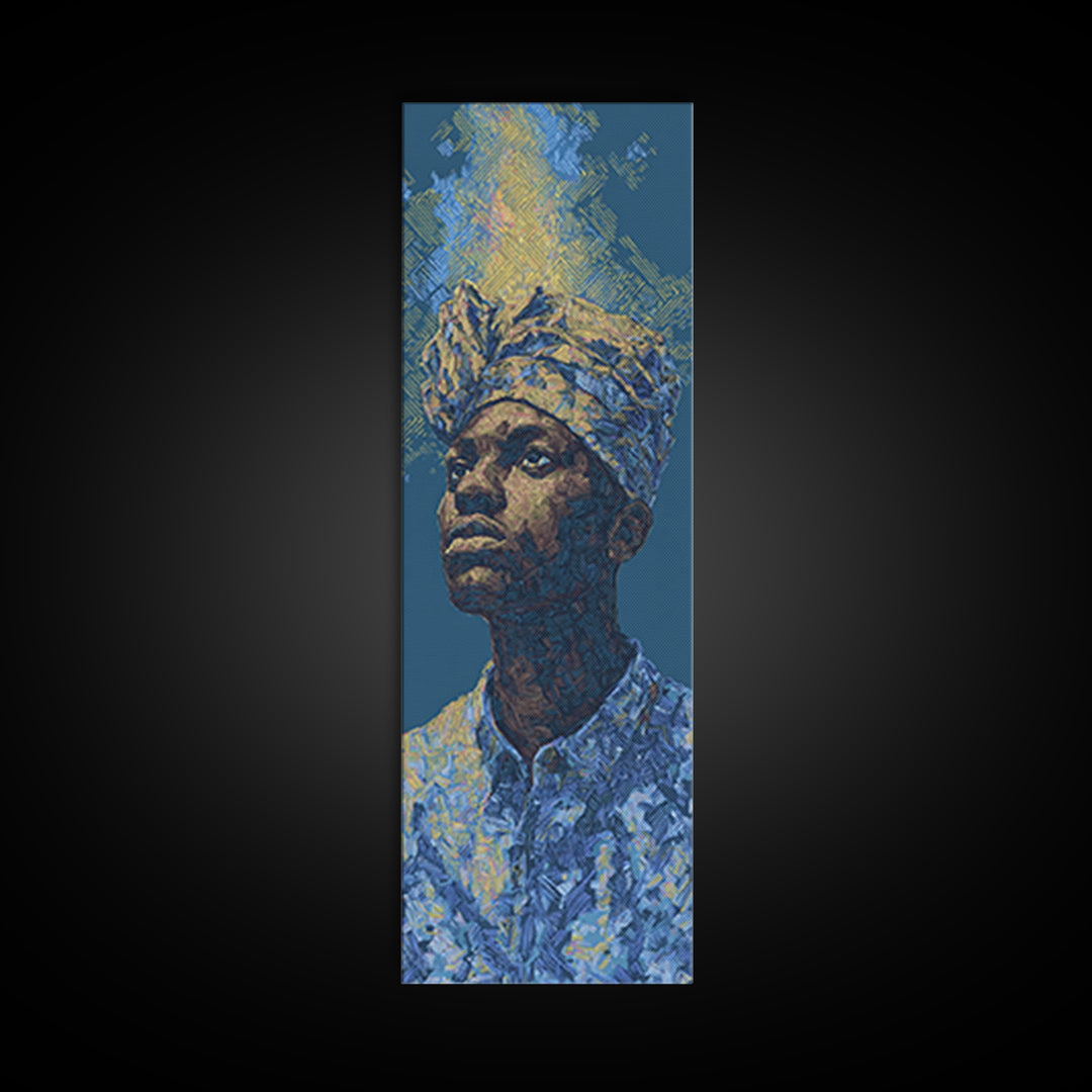 Regal African Man Portrait Wall Art, Blue Gold Framed Canvas Print, Afrocentric Black Culture Decor, Modern Art Gift For Him