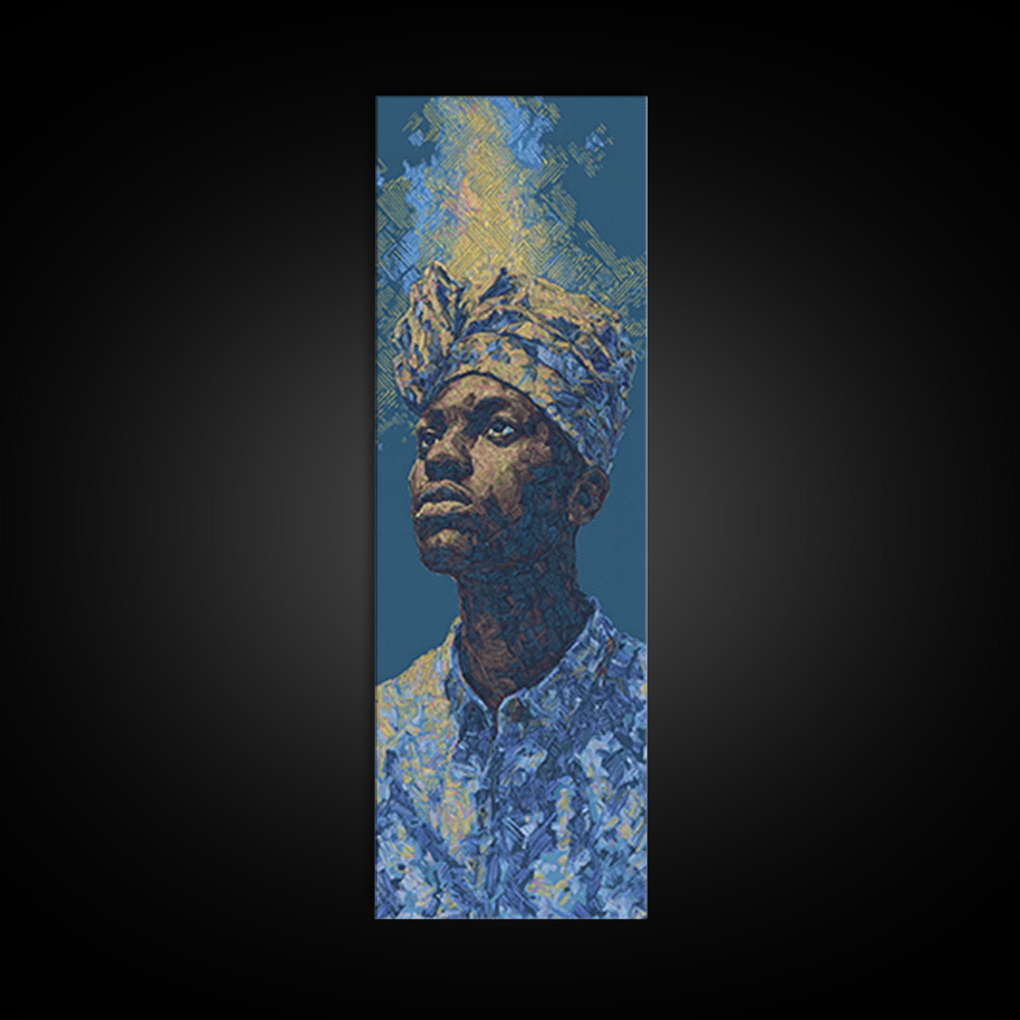 Regal African Man Portrait Wall Art, Blue Gold Framed Canvas Print, Afrocentric Black Culture Decor, Modern Art Gift For Him