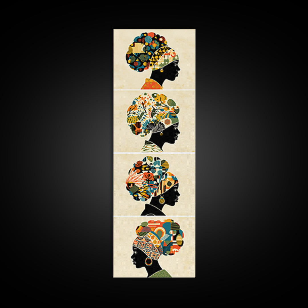Four Floral Headwrap African Women Wall Art, Black Woman Silhouette Canvas Print, Afrocentric Ankara Decor Art Gift For Her