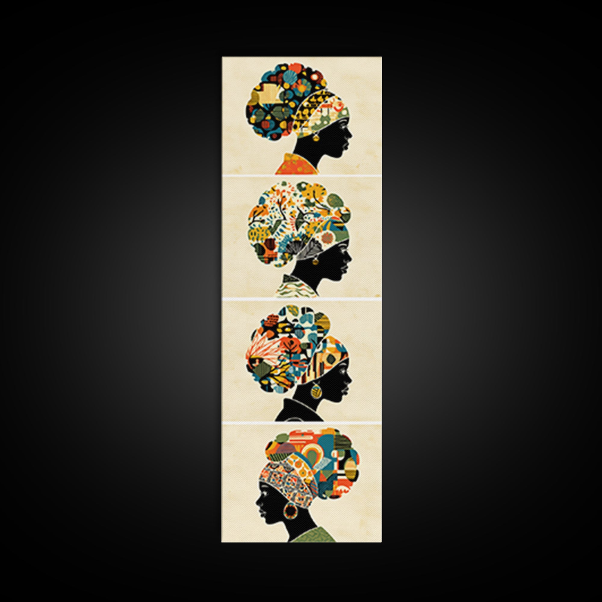 Four Floral Headwrap African Women Wall Art, Black Woman Silhouette Canvas Print, Afrocentric Ankara Decor Art Gift For Her