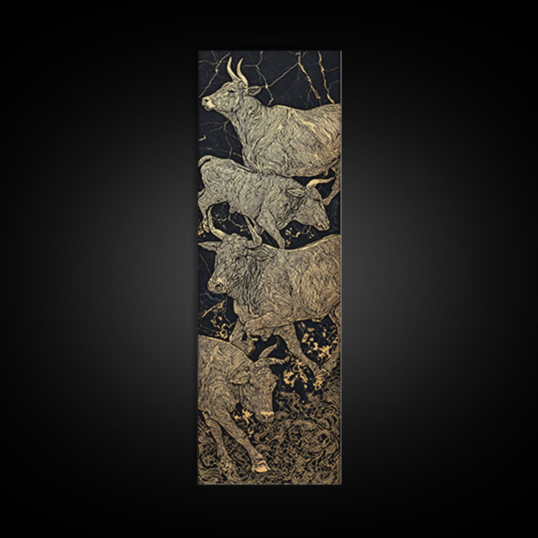 Gold Line African Cattle On Black Marble Framed Canvas Print, Tribal Animal Wall Decor, Luxury Safari Farmhouse Art Gift
