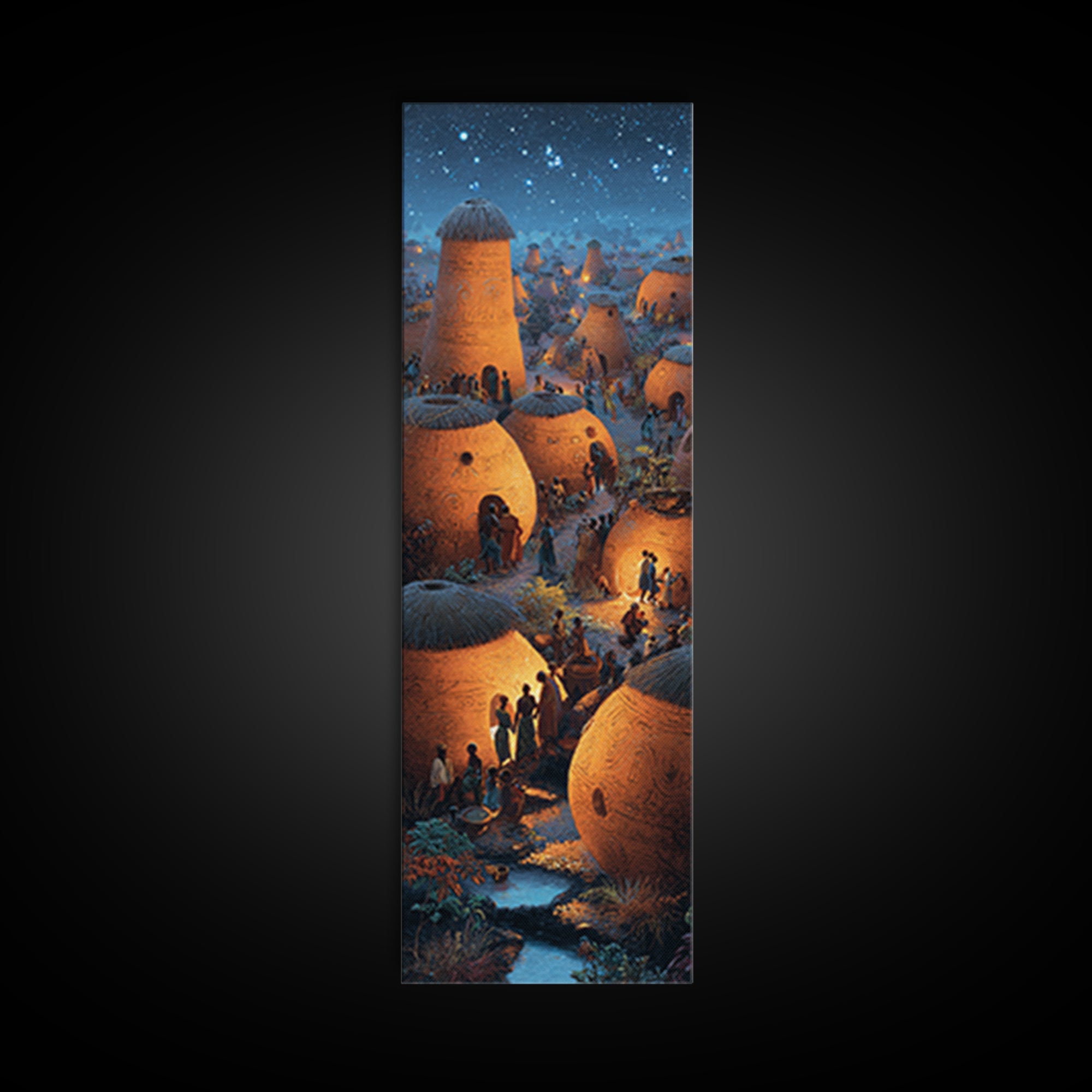 Glowing African Village At Starlit Night With Clay Huts Canvas Print, Afrocentric Wall Decor, Magical Motherland Home Art