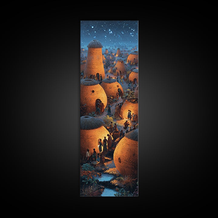 Glowing African Village At Starlit Night With Clay Huts Canvas Print, Afrocentric Wall Decor, Magical Motherland Home Art