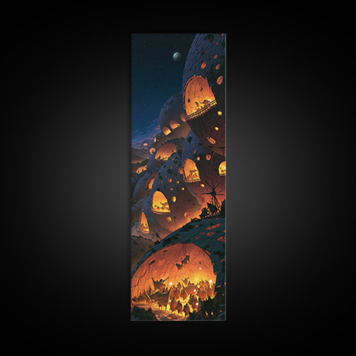 Futuristic African Dome City With Glowing Lanterns Wall Art, Afrofuturism Decor, Starry Night Sci Fi Landscape Print For Home Decor
