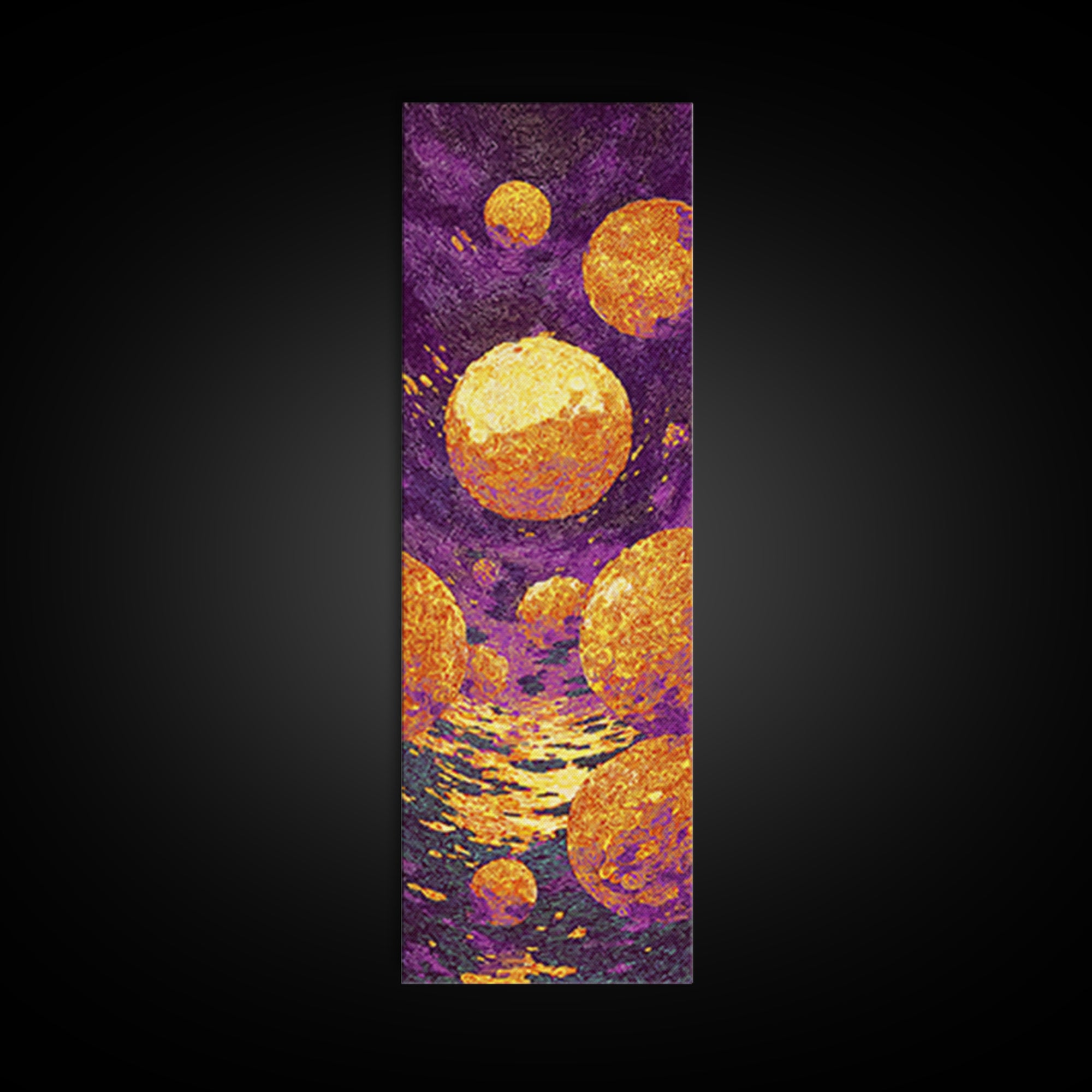 Floating Golden Planets Over Purple Cosmic Water, Canvas Print, Abstract Wall Art, Vibrant Decor, Unique Home Decor Gift