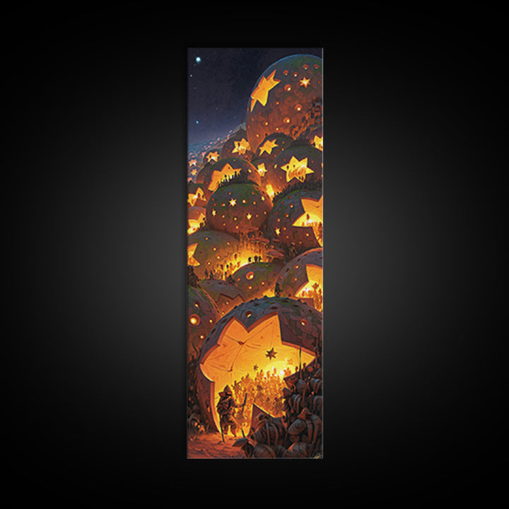 Glowing Star Lantern Village In Dreamy Mountains, Canvas Print, Wall Art, Cozy Night Decor, Magical Living Room Artwork Gift